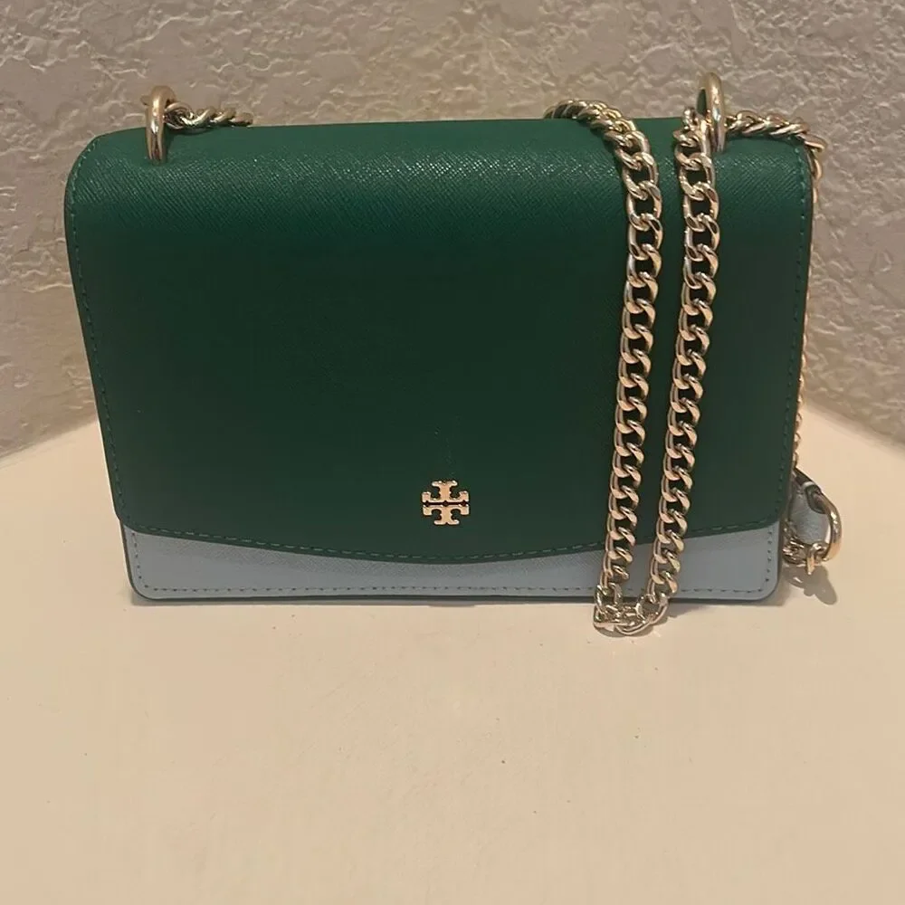 Tory Burch Emerson Colorblock Mini Shoulder Bag Green Light Blue Coastal NWT